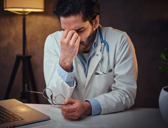 Tired medic is sitting next to the table Θεραπεύοντας τον θεραπευτή: Αντιμετωπίζοντας την επαγγελματική εξουθένωση των γιατρών
